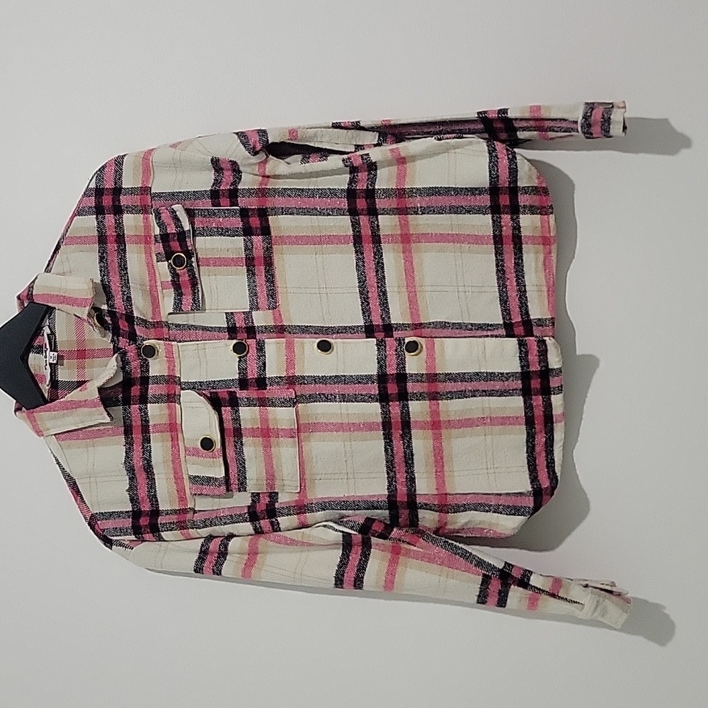 MISS SELFIE WOMEN'S FLANNEL PLAID BUTTON DOWN COLLARD SHAKET SHIRT  PIN… - Picture 2 of 11
